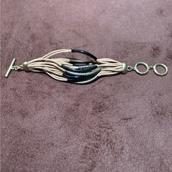 Tan/Green/Silver Women's Twelve Double Strand Cord Toggle Closure Bracelet - Picture 7 of 11